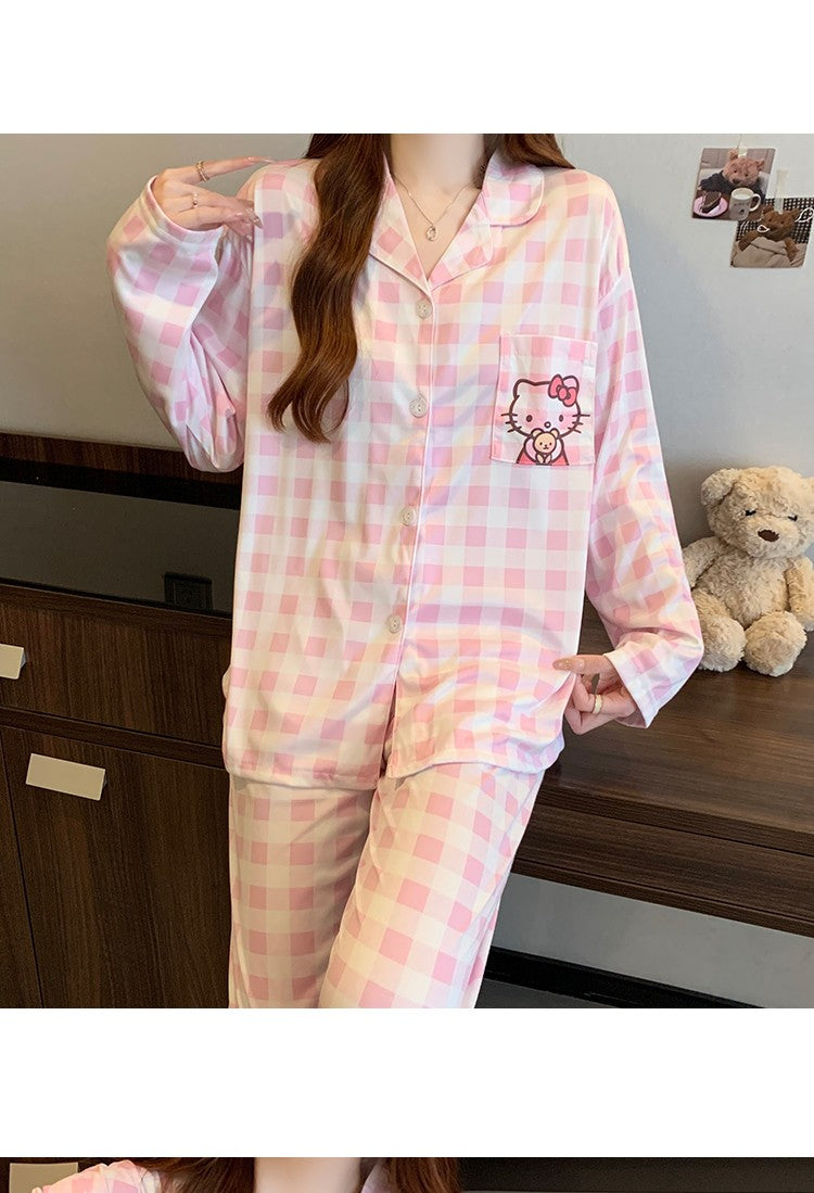 Hello Kitty and Plaid Pajama Set for Women Winter Checked Sleepwear Long Sleeve Home Outfit Autumn Loungewear Korean Fashion
