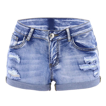 Women's Split Denim Shorts Summer Beach Wild Fashion Sexy Mid Waist Curled Cuff Perforated Elastic Slim Fit Casual Shorts