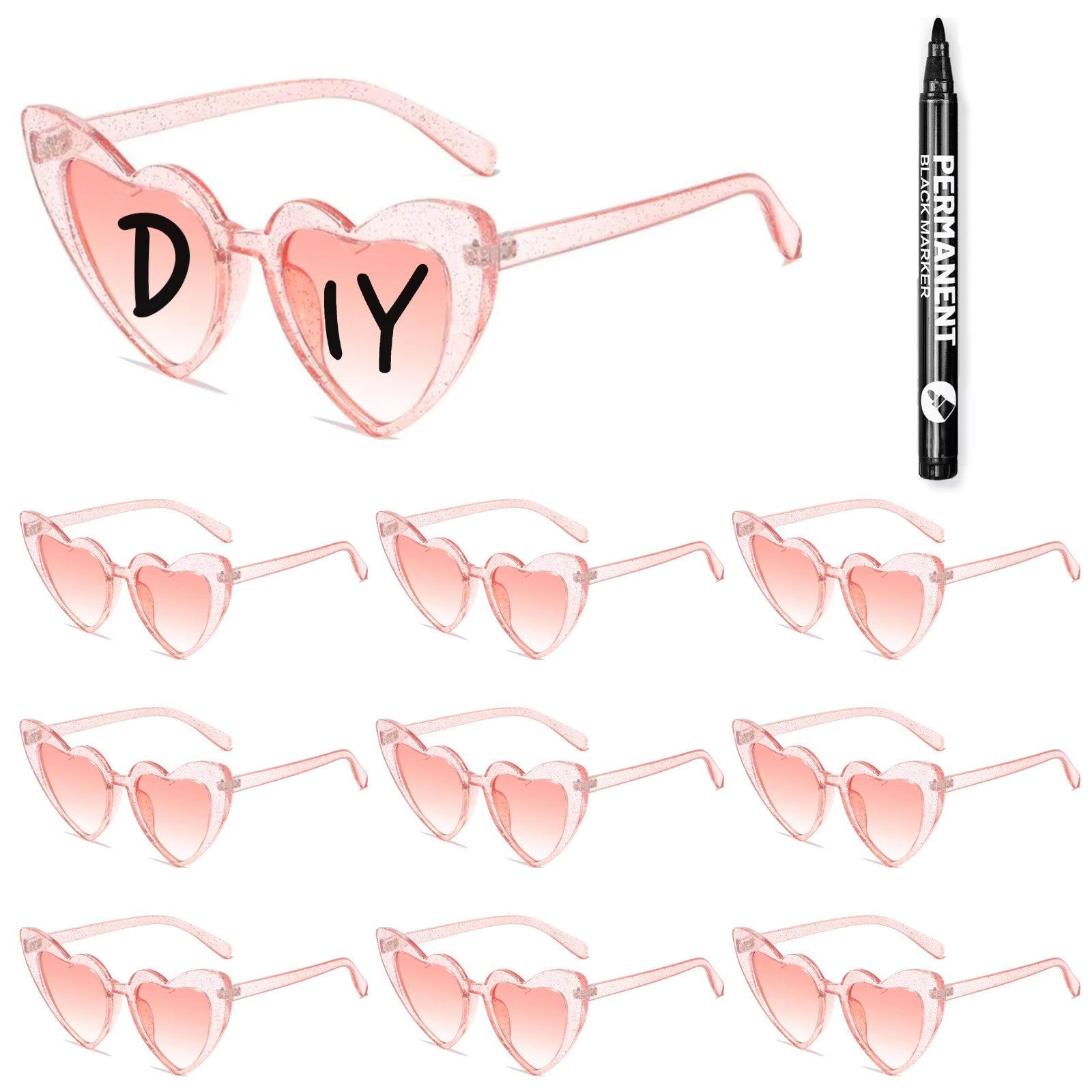 100-10Pcs DIY Wedding Sunglasses Personalised Heart Sunglasses with Pen Bachelorette Party Glasses Bridesmaid Gifts for Guests