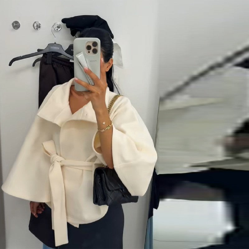 chic vintage cape jacket with belt stand neck single breasted loose coat loose flare sleeve coats early lady autumn Y2K outwears