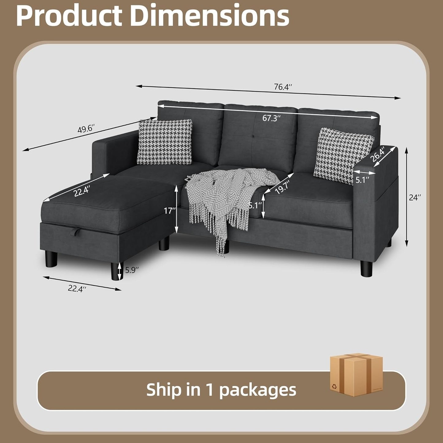 L-Shaped Couch 3 Seat Sofa Set with Linen Fabric and Ottoman Small Couch for Apartments, Black sofa set living room furniture