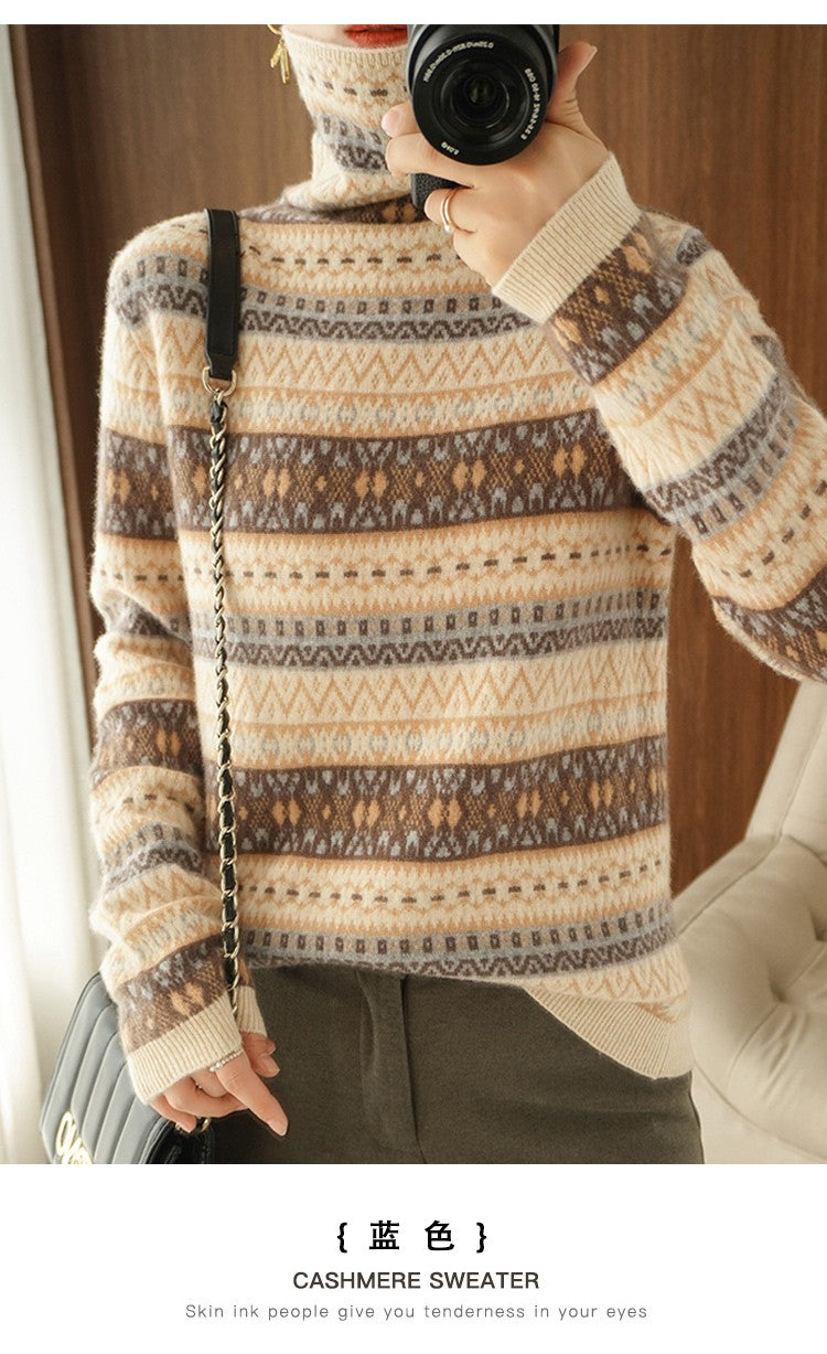 Autumn and Winter New 100% Wool Cashmere Sweater Women's High Neck Pullover Casual Knitted Loose Korean Fashion Color Block Top