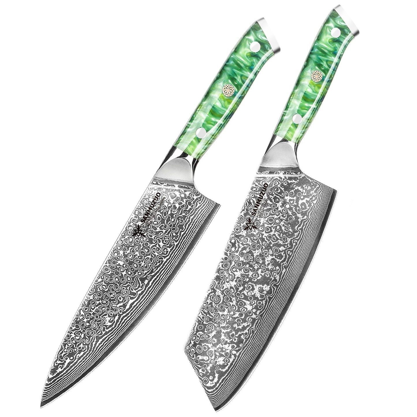 Conjunto de facas de cozinha SANMUZUO 2 peças - Série Xuan - Faca de Chef e Faca Nakiri em Aço Damasco VG10, Melhor Presente para Chefs - Cabo de Resina