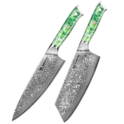 Conjunto de facas de cozinha SANMUZUO 2 peças - Série Xuan - Faca de Chef e Faca Nakiri em Aço Damasco VG10, Melhor Presente para Chefs - Cabo de Resina