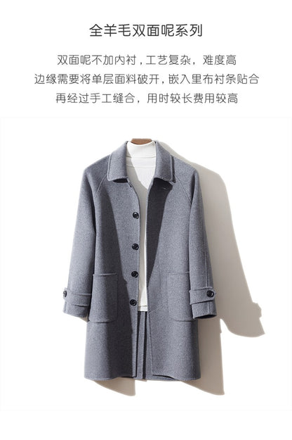 Mid-Length Single-Breasted Polo Collar Men's Overcoat Double-Sided Woolen 100% Pure Wool High-End Coat Fashion Men's Clothing
