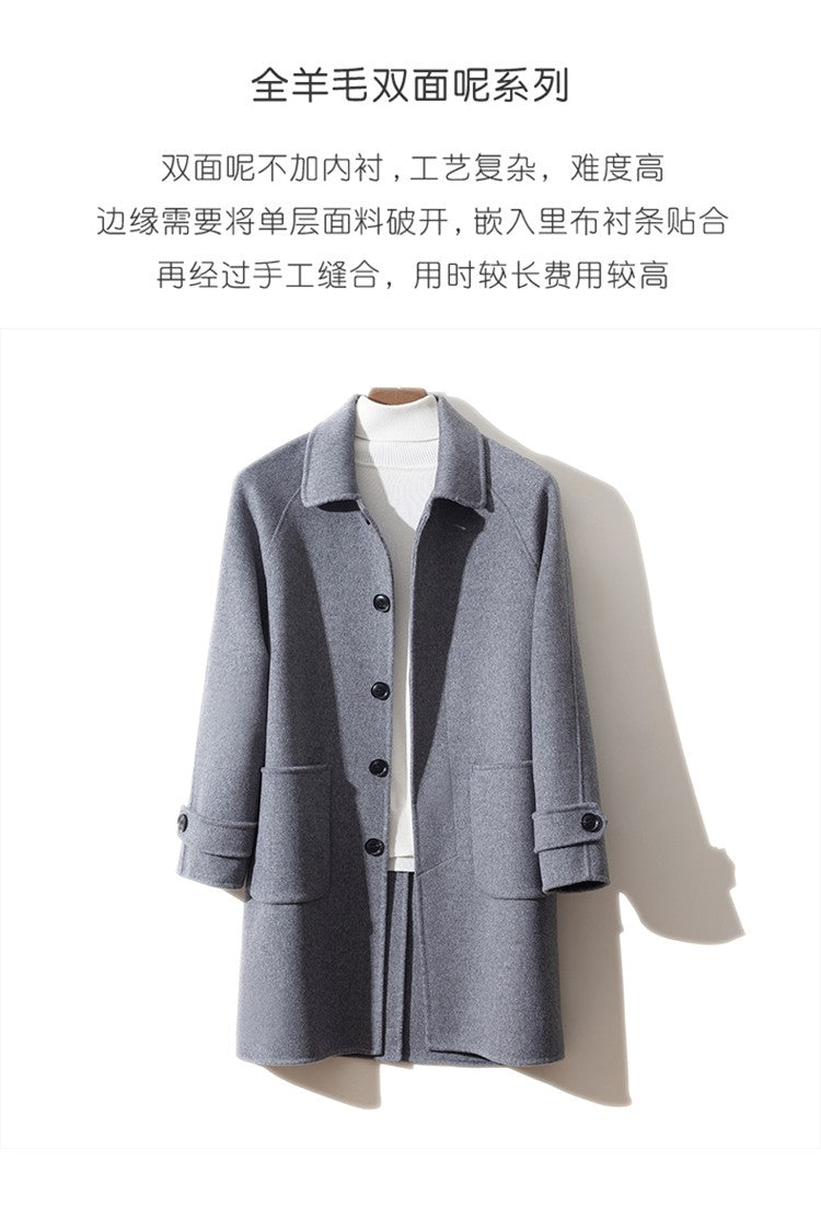 Mid-Length Single-Breasted Polo Collar Men's Overcoat Double-Sided Woolen 100% Pure Wool High-End Coat Fashion Men's Clothing