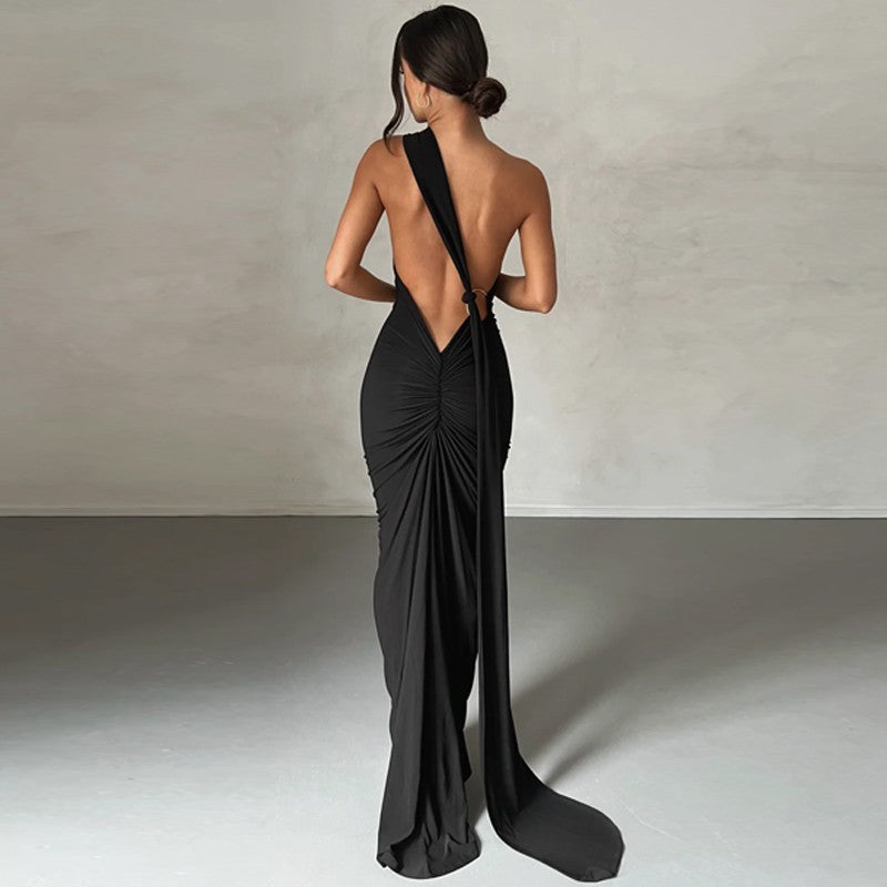 Hugcitar One Shoulder Backless Adjustable Scarf Loop Ruched Sexy Maxi Dress Wome
