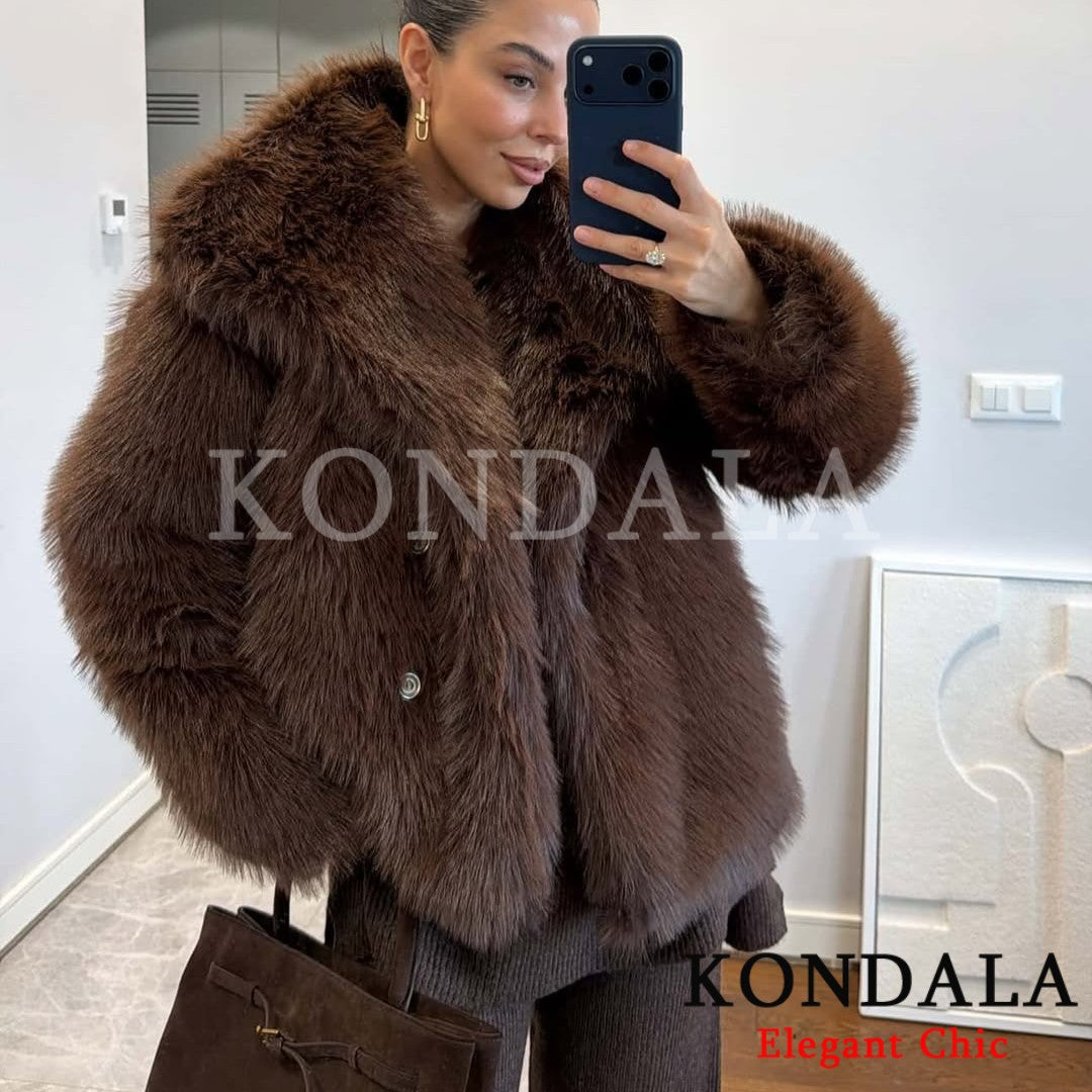KONDALA Women Brown Faux Fur Jacket Fall Winter Jacket Lapel Loose Jacket 2025 Fashion High Street Elegant Female Jacket Coat