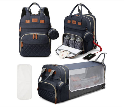 Mochila-berço 3 em 1 dobrável à prova d'água com USB para viagem e para troca de fraldas 3 tipos