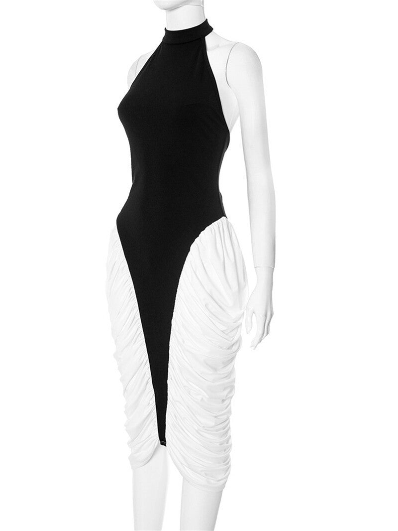 Mozision Patchwork Halter Backless Sexy Midi Dress Women Gown Elegant Fashion Co