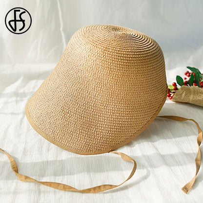 Chapéus de Sol de Festa Femininos FS Fashion Straw Regency Bonnets Hats para Mulheres Chapéu de Praia com Laço e Aba Grande Chapéu Cloche Fedora Chapeau Femme