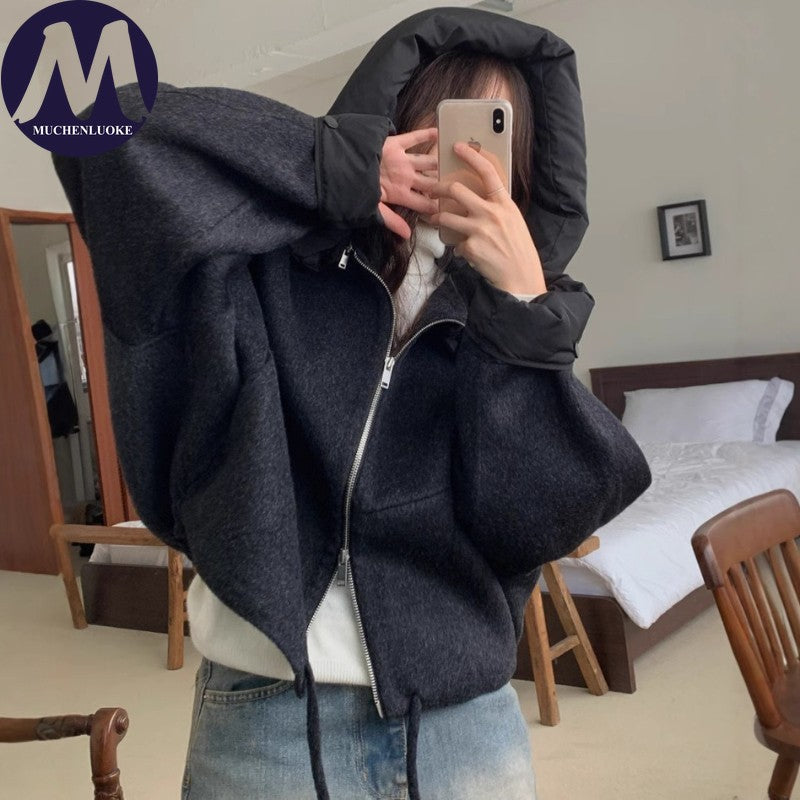 New Coats and Jackets Autumn Winter New Elegant Hooded Detachable Lace Up Short Woolen Coat Korean Fashion Casual Loose Jackets