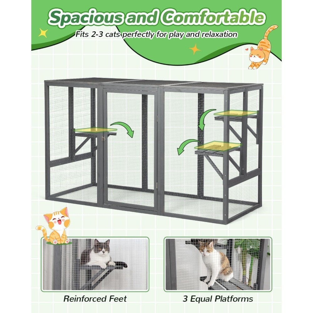 Gaiola Externa à Prova de Intempéries para Gatos, Catios Grandes de Madeira com 3 Plataformas, Casas para Gatos de Jardim, Espaço Fechado de 71L