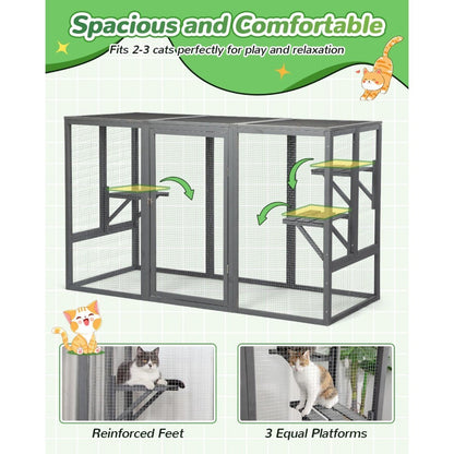 Gaiola Externa à Prova de Intempéries para Gatos, Catios Grandes de Madeira com 3 Plataformas, Casas para Gatos de Jardim, Espaço Fechado de 71L