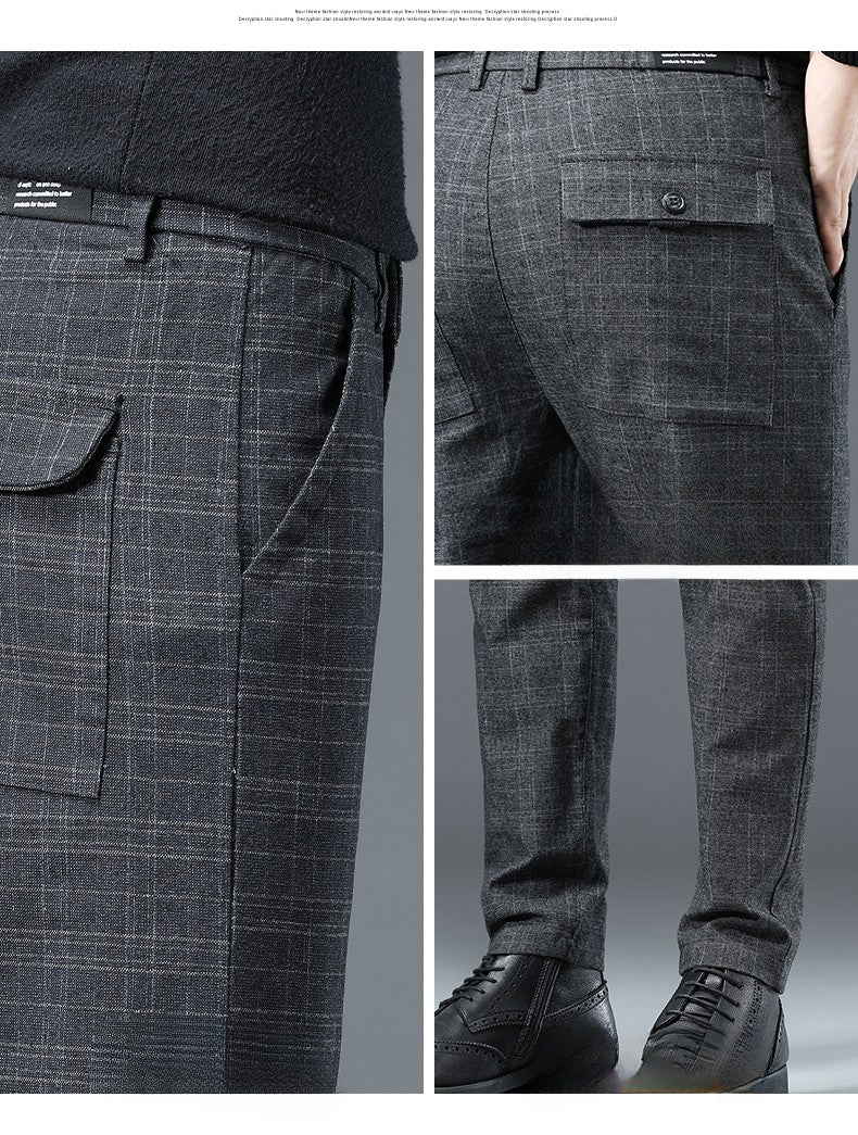 Autumn Winter New Fleece Thickened Casual Pants Men Business Straight Slim Plaid Pants Black Gray Men's Warm Trousers