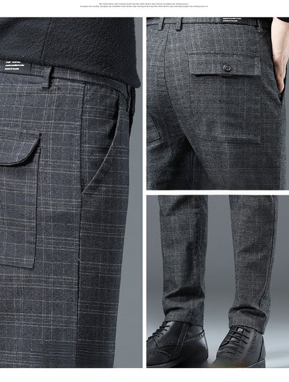 Autumn Winter New Fleece Thickened Casual Pants Men Business Straight Slim Plaid Pants Black Gray Men's Warm Trousers