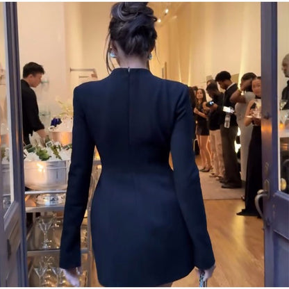 Black Hollow Out Mini A-line Dress Women Sexy Round Neck Long Sleeve Waist Cinching Dresses 2025 Lady Chic Party Club Robe