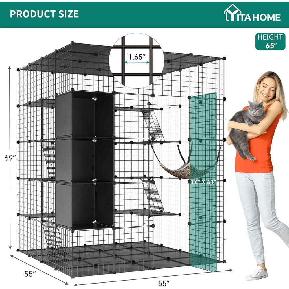 Gaiola Grande Interna com Armazenamento Cubo DIY Gatis Externos Cercados Metálicos com Rede Plataformas para 1-4 Gatos 5 Níveis