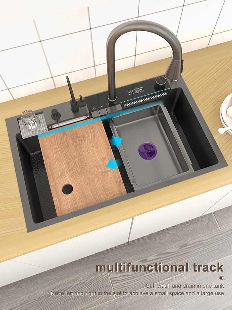 Stainless Steel kitchen Sink With Waterfall Golden Large Single Slot Multifunctional Digital Display Sinks 100*50CM