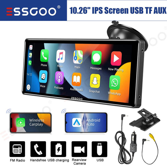 ESSGOO 10.26 Inch Portable Universal Car Stereo Apple CarPlay & Android Auto 4K IPS Touch Screen GPS Navi BT MP5 Player + Camera
