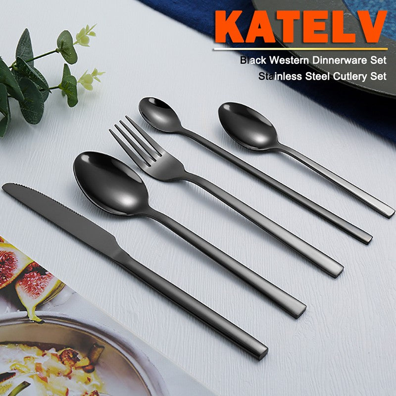 Conjunto de Talheres Ocidentais Pretos para Jantar 6 Peças Conjunto de Talheres de Aço Inoxidável Faca Garfo Colher de Chá de Gelo Conjunto Clássico de Talheres para Festa