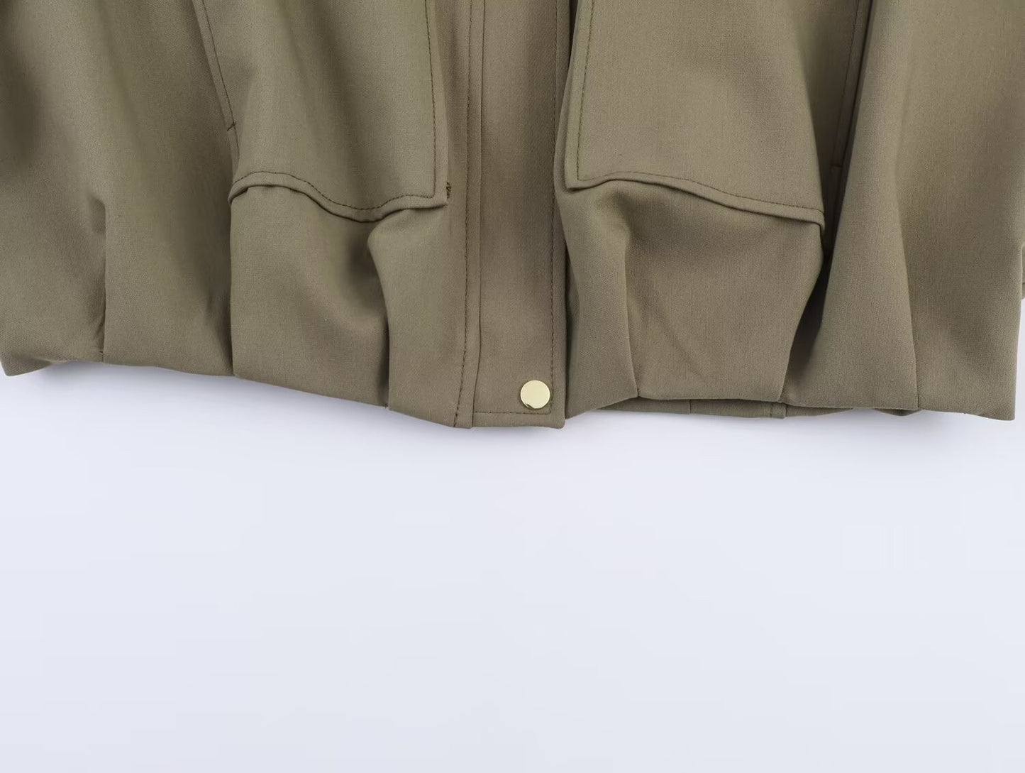 HH Woman Autumn Pleat Hem Pilot Jacket Solid Turn-Down Collar Zipper Single-Breasted Woman Fashion Long-Sleeved Pockets Coat