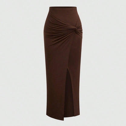 plus Size Elegant Halter Long Dress for Women Twisted Design Slit Skinny Casual Pure Color Holiday Mature Women's Fashion