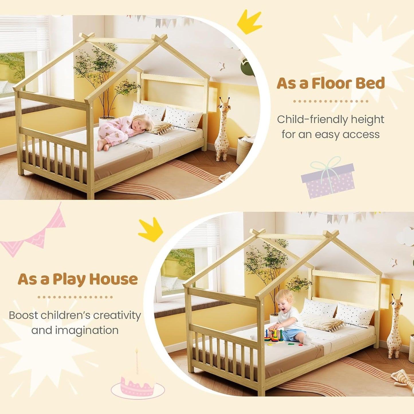 Cama de chão "Twin" com cabeceira e peseira, estrutura de cama de madeira com telhado para meninos e meninas, sem necessidade de box spring,