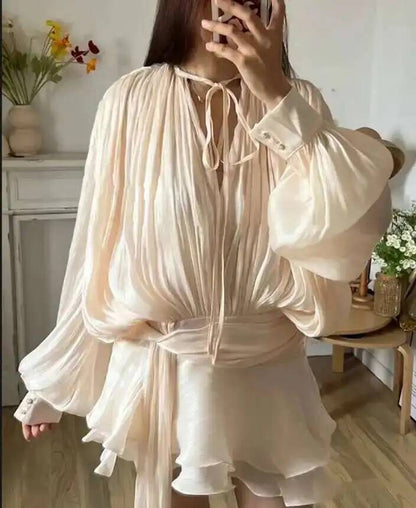 Beige Top Solid Blouse Mini Dresses For Women V Neck Long Sleeve Spliced Lace Up