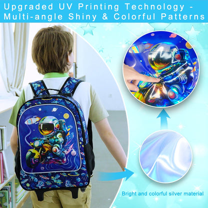 3PCS Astronaut Rolling Backpack for Boys, Kids School Backpacks with Wheels,  UV Printed Roller Wheeled Bookbag
