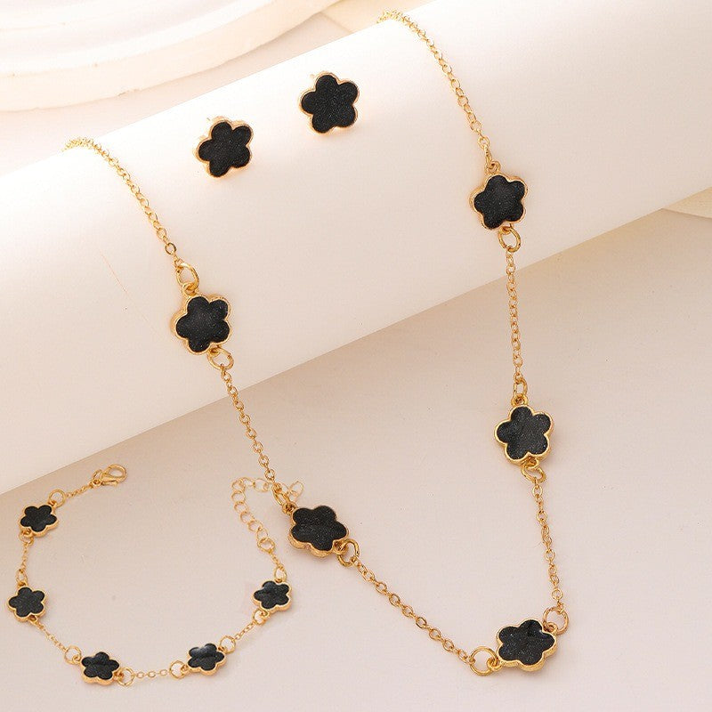 3pçs/conjunto Colar, Pulseira e Brincos de Flor de Cinco Pétalas da Sorte para Mulheres Elegante Trevo Moda Festa Joias Presentes Acessórios