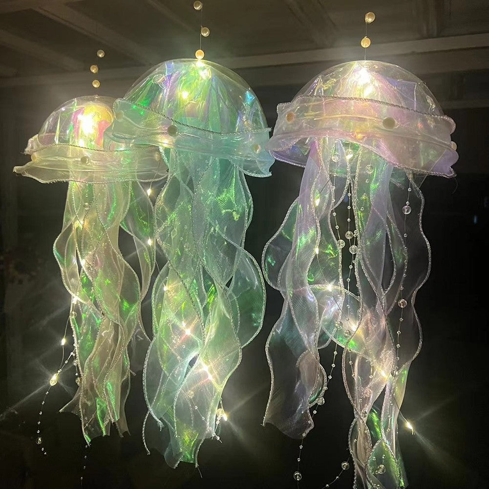 Jellyfish Bedroom Light Lamp Button Battery Hanging Ceiling Lantern with Ribbon&Bead LED Bulbs for Children Bedroom
