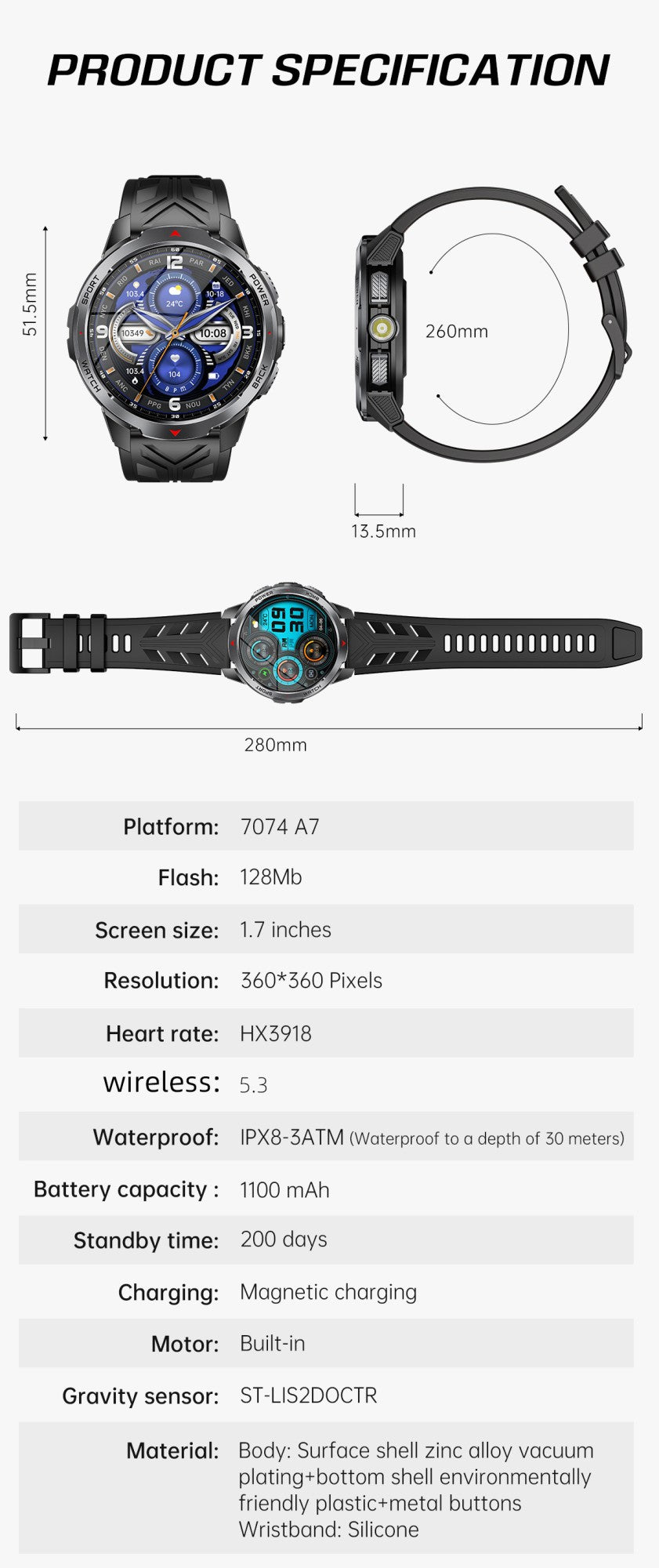 LIGE Novo Smartwatch Masculino com Bateria de 1100mAh para Esportes ao Ar Livre, Lanterna LED, Bússola, Chamada Bluetooth