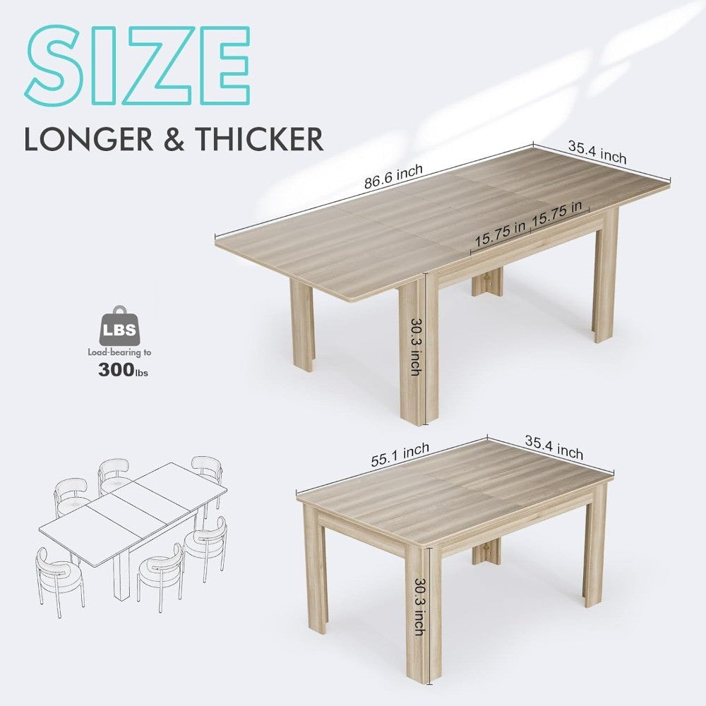 55.1-86.6 in Extendable Dining Room Table for 6-10 Person - Plank and Beam Farmhouse Large Rectangular Kitchen Tables for Living