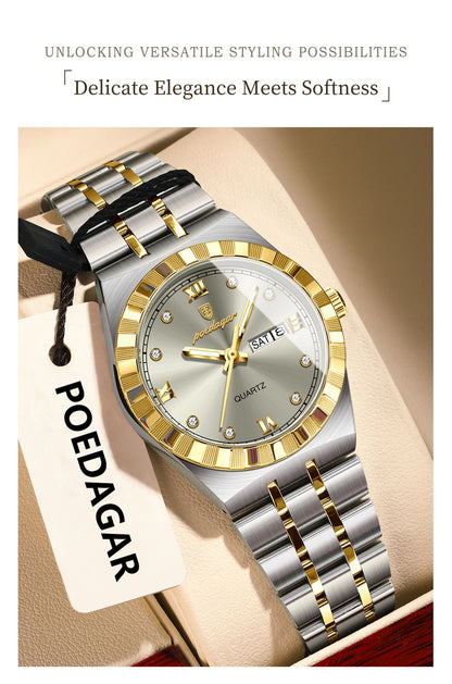 POEDAGAR Luxury Original Ladies Watch Luminous Waterproof Week Date Woman Wristwatch Stainless Steel Women Quartz Watches Female