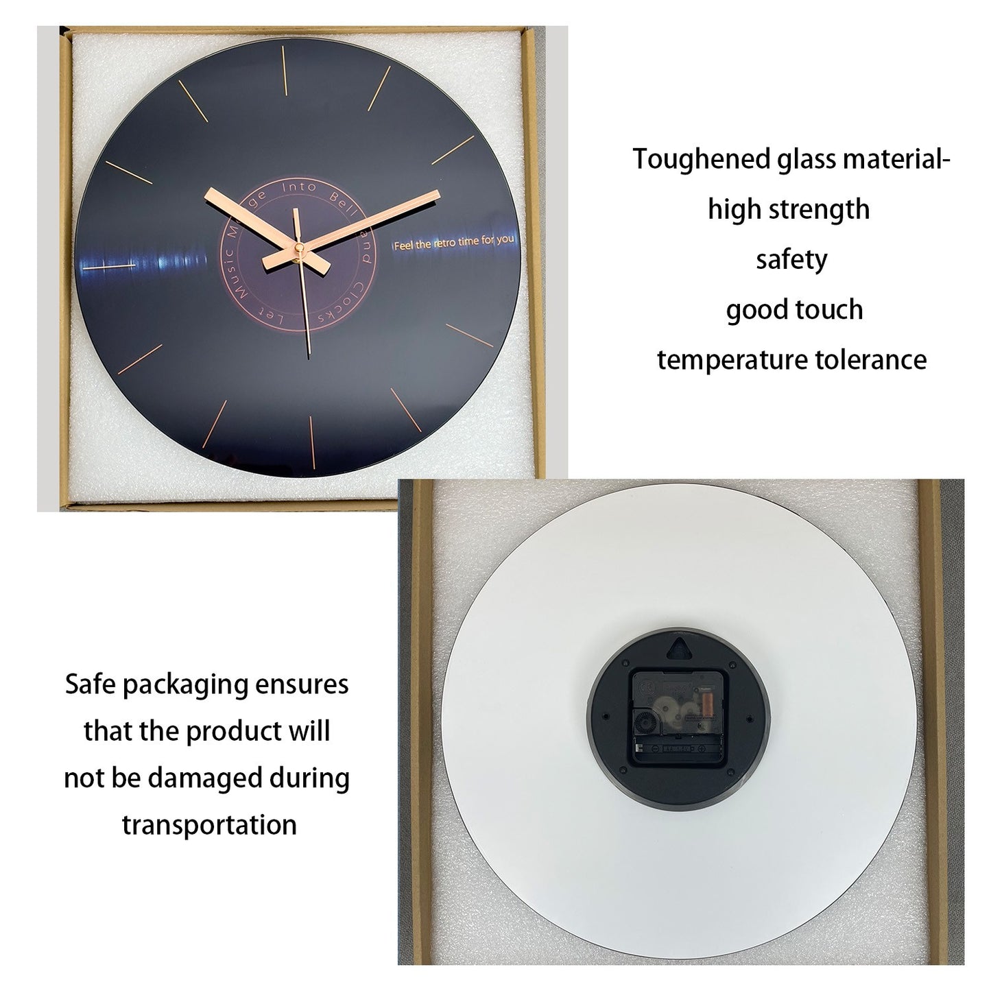 Creative Music Element Vinyl Record Pattern Tempered Glass Wall Clock Living Room Bedroom Kitchen Home Decoration Wall Clock Silent Quartz Clock Holiday Gift 12 Inches 14 Inches 16inch (Without Batteries)