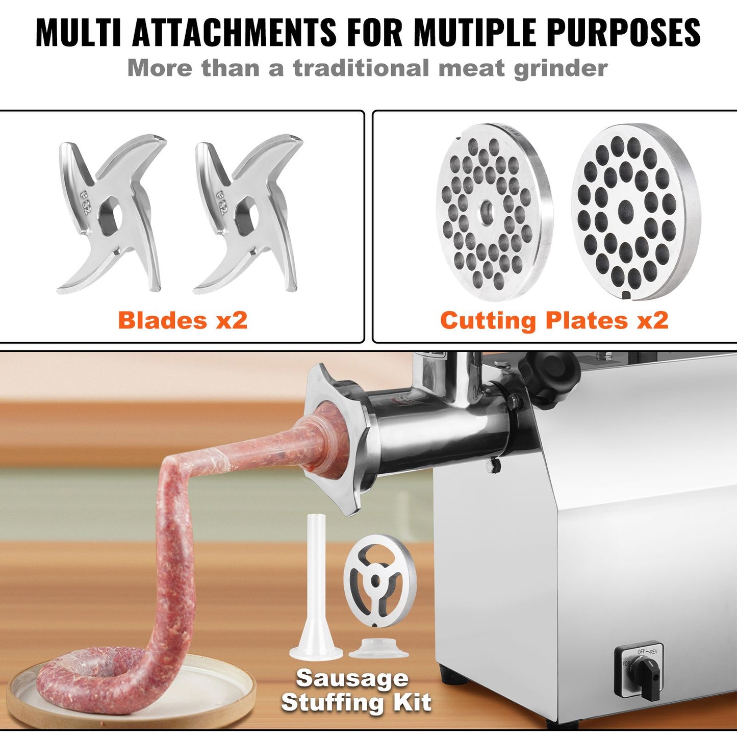 SucceBuy Moedor de Carne Elétrico Processador de Alimentos Máquina de Fazer Linguiça Recheador Picador Amassador de Aço Inoxidável com 2 Lâminas para Cozinha