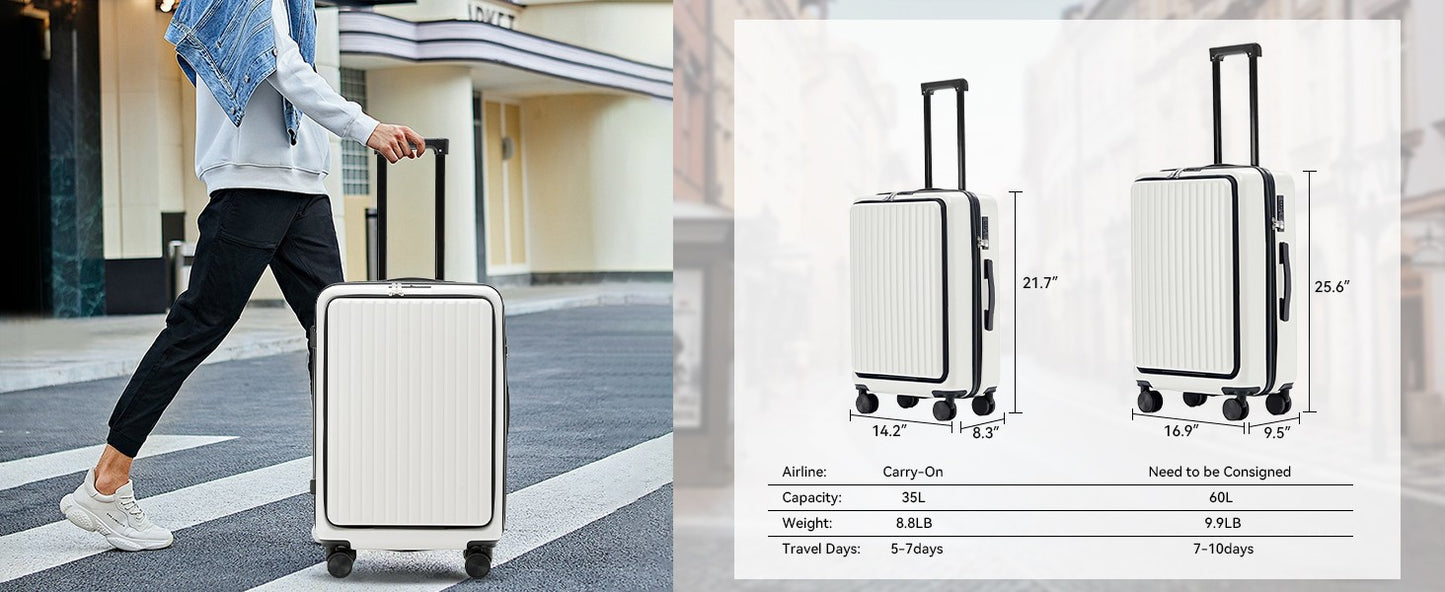 Mala de Viagem de Bordo com Abertura Frontal 20 Polegadas, Rodas Giratórias, para Homens e Mulheres, com Fechadura TSA, Carregamento USB