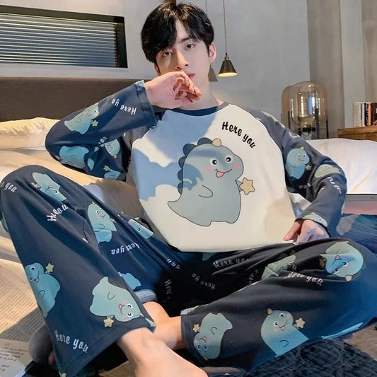Pajamas Set of Men Cotton Long-Sleeved Simple Cartoon Dinosaur Sleepwear Homewear Students Two-Piece Nightwear Loungewear
