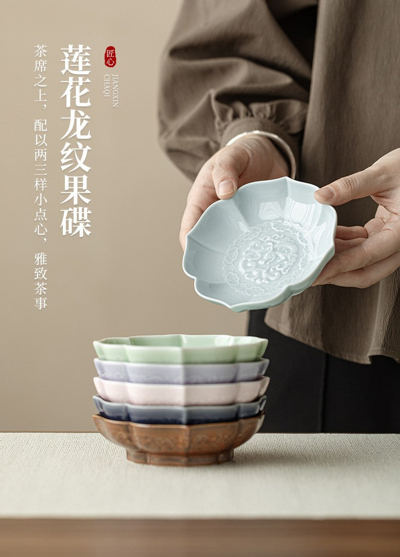 Creative Lotus Pattern Fruit Plate Zen Ceramic Snack Plate Retro Fruit Dishes Boutique Pastry Plate Hospitality Dishes Crafts