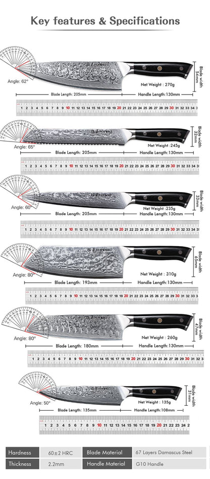 Conjunto de Facas TURWHO 1-6 Peças Aço Damasco 67 Camadas Facas de Cozinha Santoku Faca de Chef Faca Multiuso Para Pão Ferramentas de Cozinha