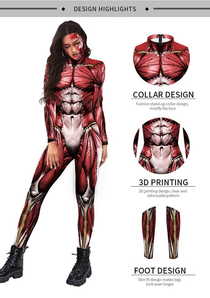 [You're My Secret] Halloween Cosplay Costumes for Men Women 3D Printed Muscle Elastic Human Anatomy Body Bodysuit Jumpsuit