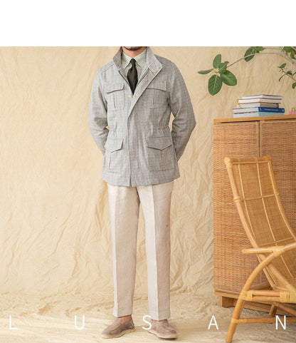 Cotton and Linen Vertical Collar Tight Waist M65 Hunting Jacket Retro All-match Spring and Summer Lightweight Casual Jacket