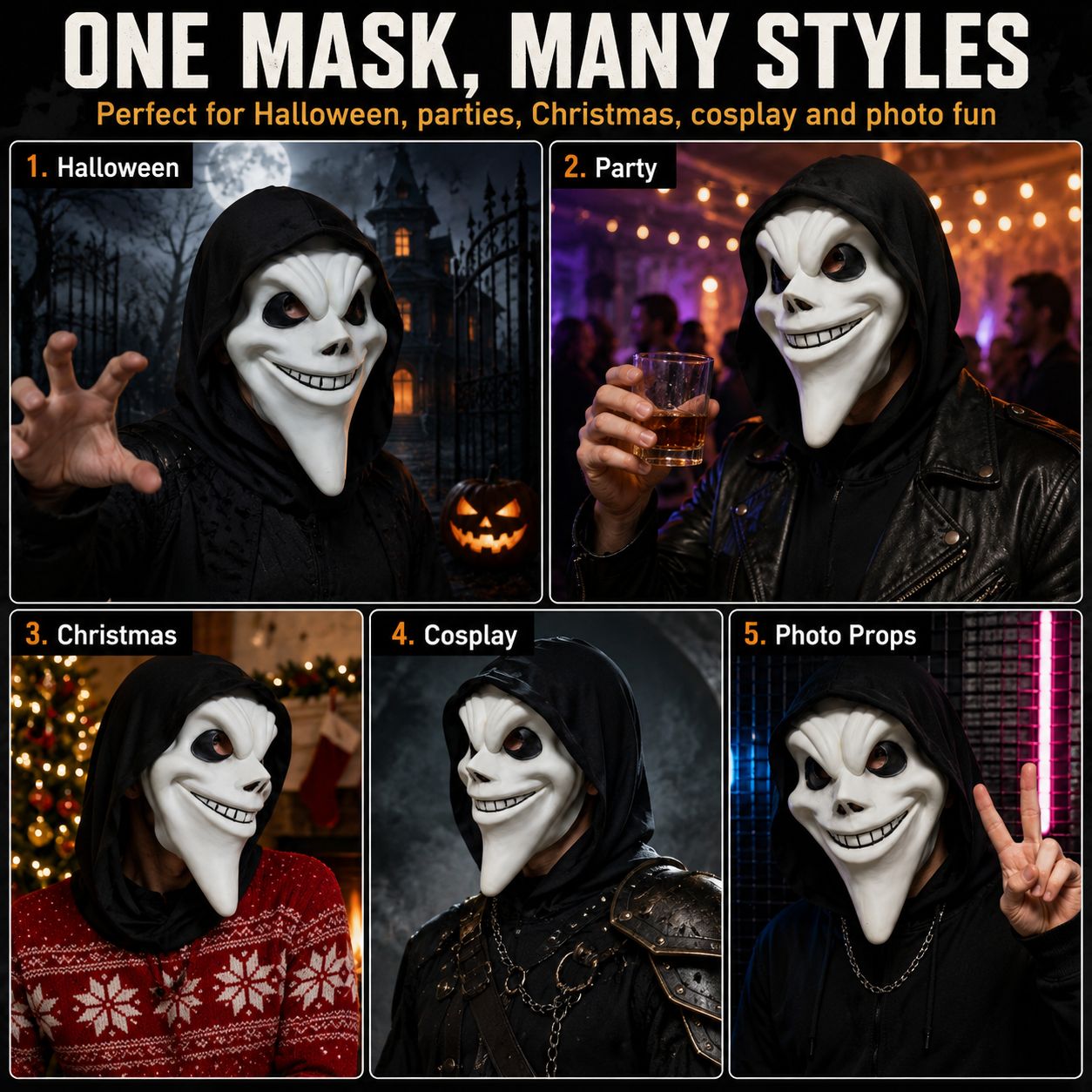 Ghost Face Mask with Hood Halloween Costume Scary Movie Funny Killer Cosplay Prop for Adults Horror Party
