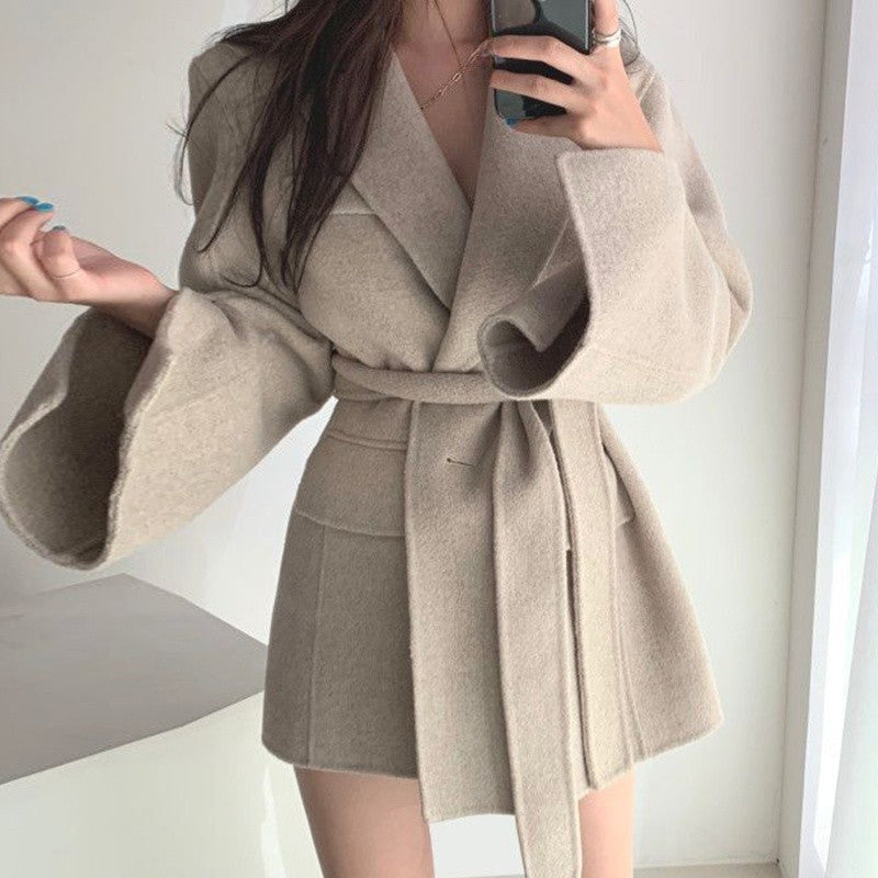 Retro Chic Autumn Winter Woolen Coat One Button Long Sve Suit Collar Waist Cinched Side Slit Warm Knitwear for Women