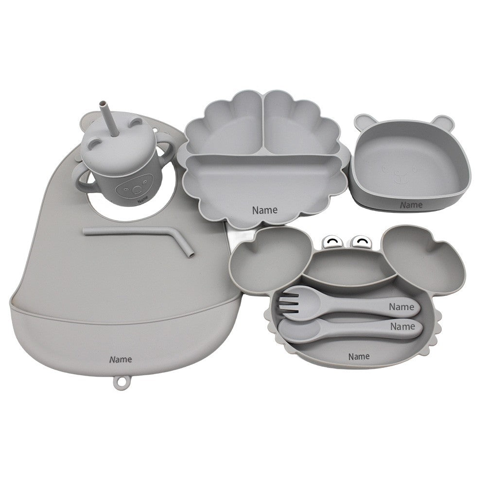 Free Name Printing Children's Tableware Set: Bib, Plate, Cup, Fork & Spoon. Silicone Material. Personalized Gift.