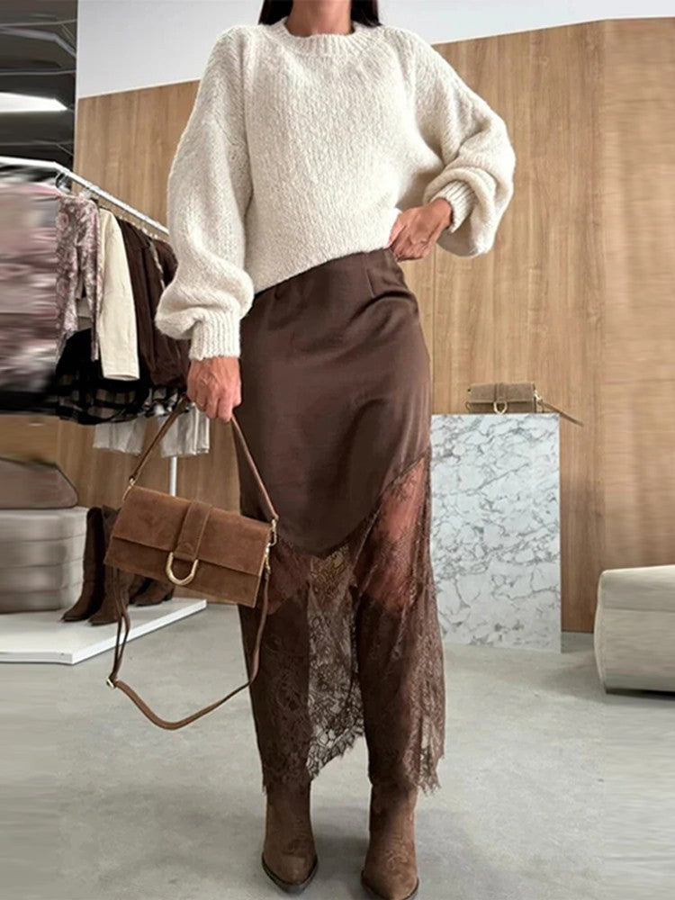 Satin Skirts Women Loose High Waist Patchwork Lace See Through Skirt Female 2025 Chic Solid Sexy Elegant Streetwears