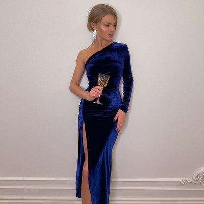 Women Elegant Long Sleeve Party Evening Velvet Bodycon Split Pencil Midi Dress S