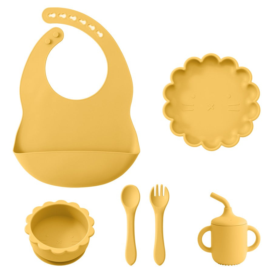Color Kids Baby Feeding Set Solid Color Utensils Waterproof Bib Cartoon Lion Shape Sucker Dishes Plate Feeding Bowl Spoon Cup