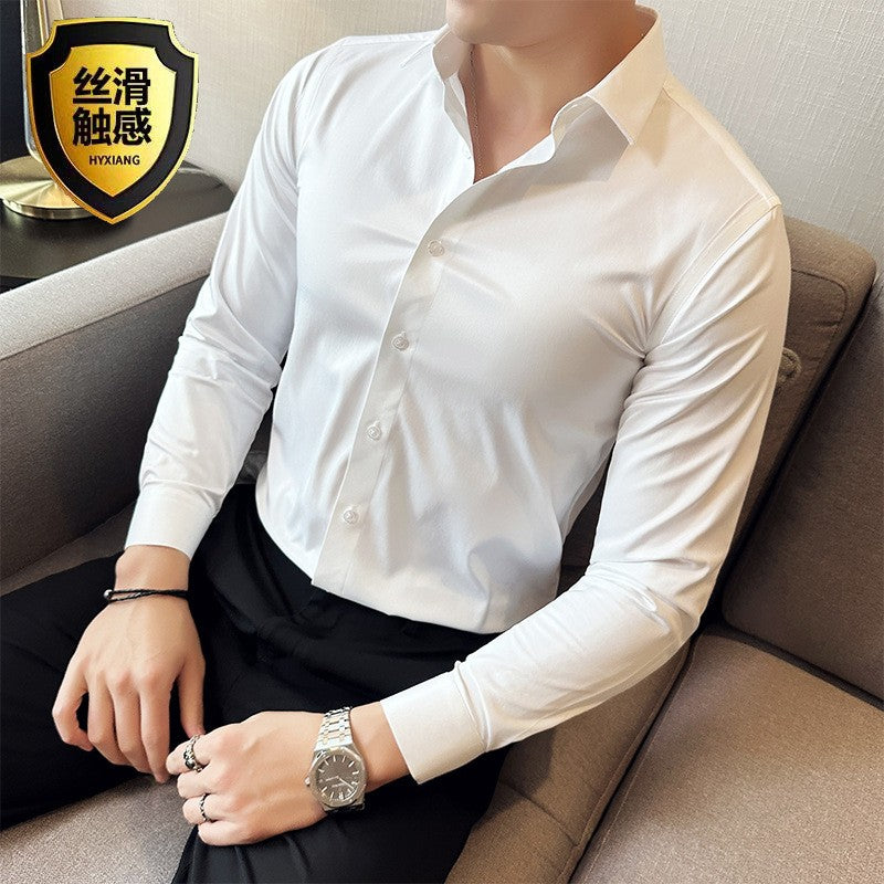 Seamless silk business casual shirt, long sleeved white non ironing elastic silk sliding cross shirt, men's formal wear
